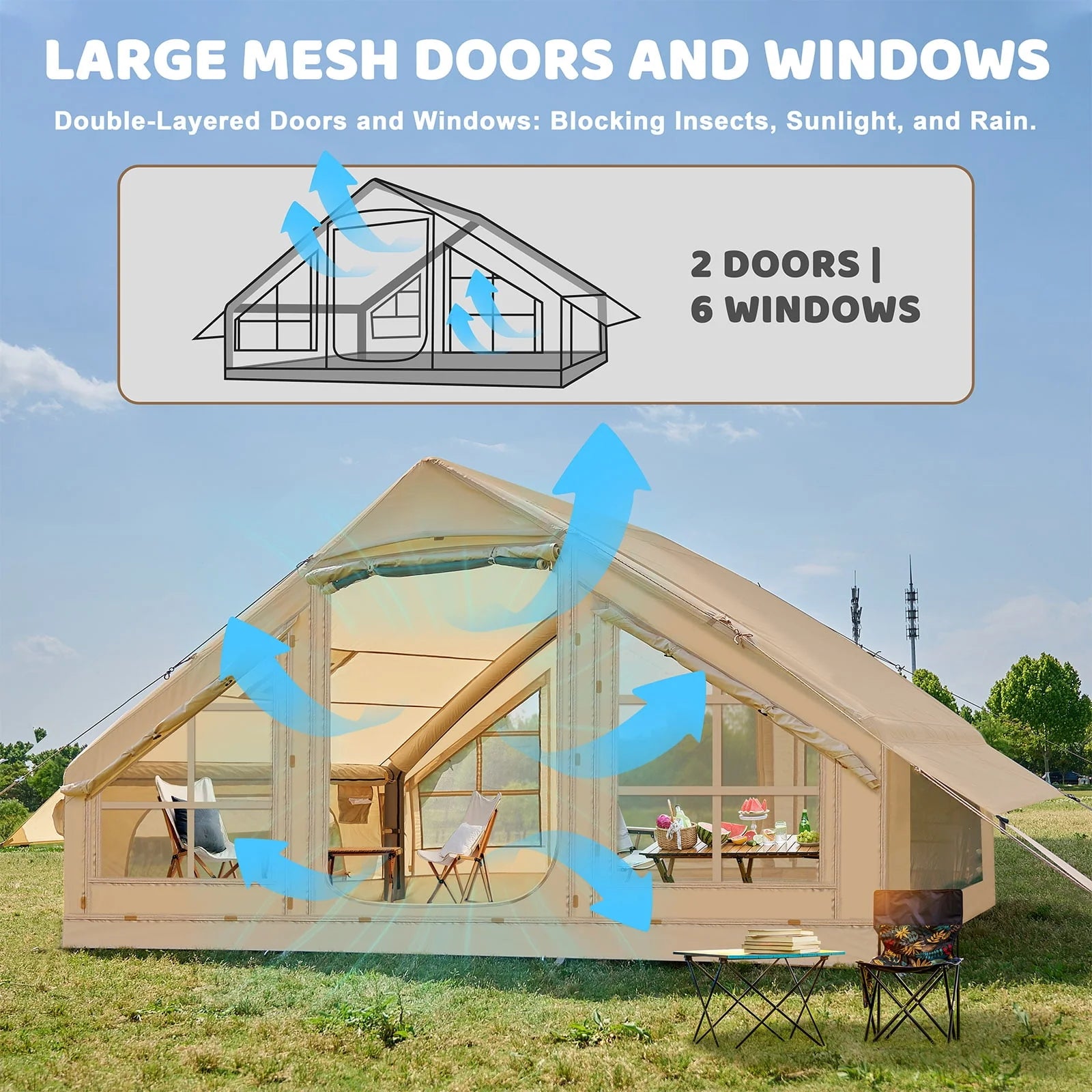 6 Person Inflatable Camping Tent with Pump, 10ft x7ft Glamping Family Tent Easy Setup 4 Season Waterproof Windproof Outdoor Blow Up Tent Luxury Oxford Cabin with Mesh Windows & Doors sgtnighsdesigns